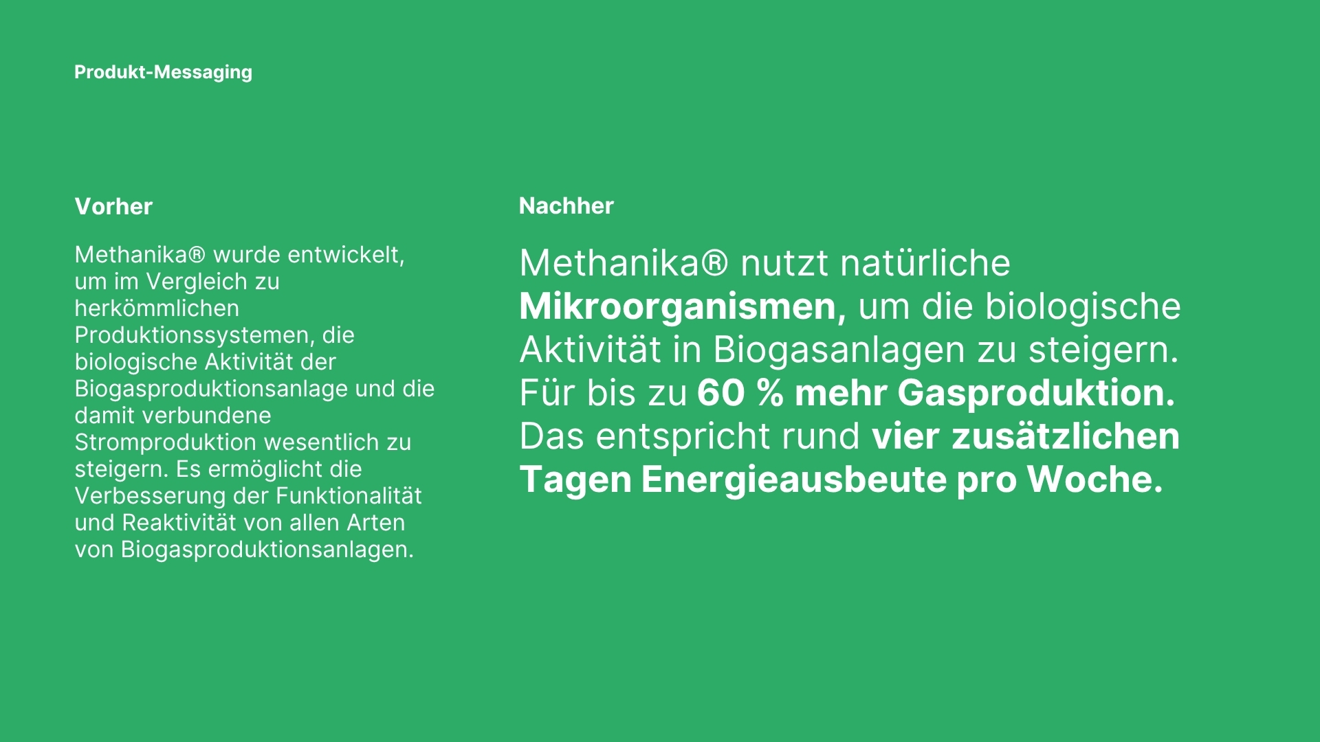 Vorher-Nachher-Vergleich der Produktkommunikation für Methanika® – von technischer Fachsprache zu verständlicher Benefit-Kommunikation